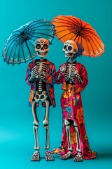 Colorful Skeletons Holding Umbrellas in Vibrant Attire