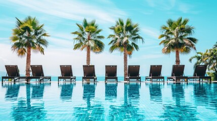 Fototapeta premium a row of empty sunbeds next to the pool in a resort-style apartment complex, with palm trees and bright blue water