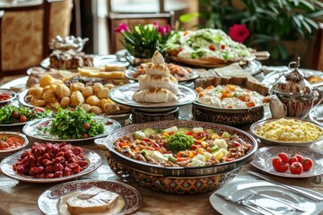 Fototapeta premium A Table Spread with a Variety of Middle Eastern Dishes