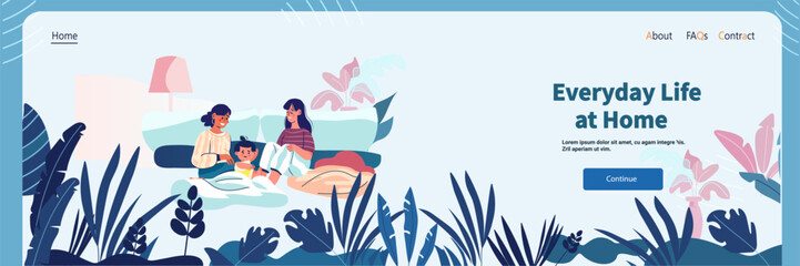 Family reading together home cozy scene. A mother and child sit on a couch surrounded by plants and soft colors. Website design template