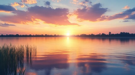 Obraz premium A picturesque sunset view over a calm lake, creating a tranquil Father's Day evening setting