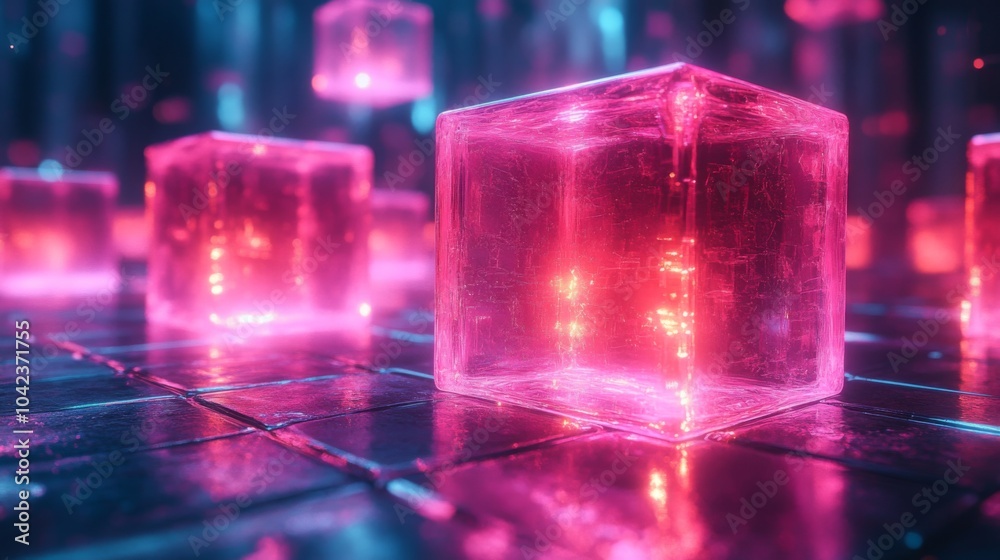 Aufkleber Colorful translucent cubes emit a soft glow, illuminating their surroundings in a dark environment. The vibrant pink and blue hues create a captivating digital atmosphere.