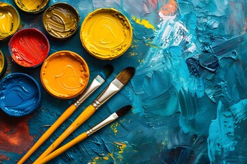 A close up of paint and brushes on a table