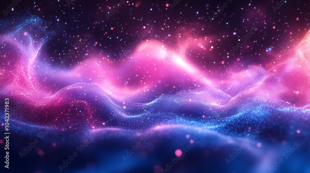 Poster A mesmerizing display of colorful cosmic waves in hues of pink and blue flows beneath a sparkling starry sky, creating a dynamic and captivating atmosphere.