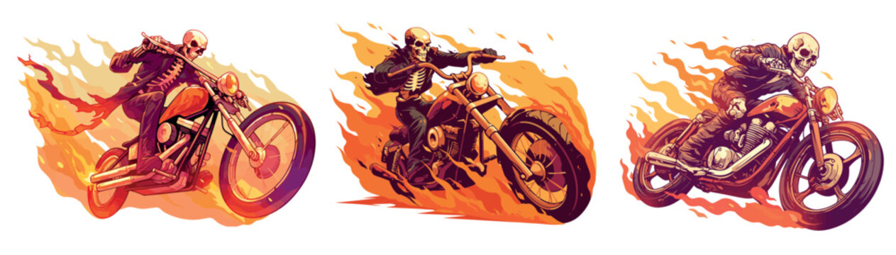 Cartoon skeleton riding motorcycle set. Cool print with undead biker on fire t-shirt design vector illustration