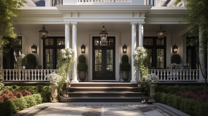 Fototapeta premium Welcome guests with a stunning white front door, framed by a classic porch and Georgian architecture.