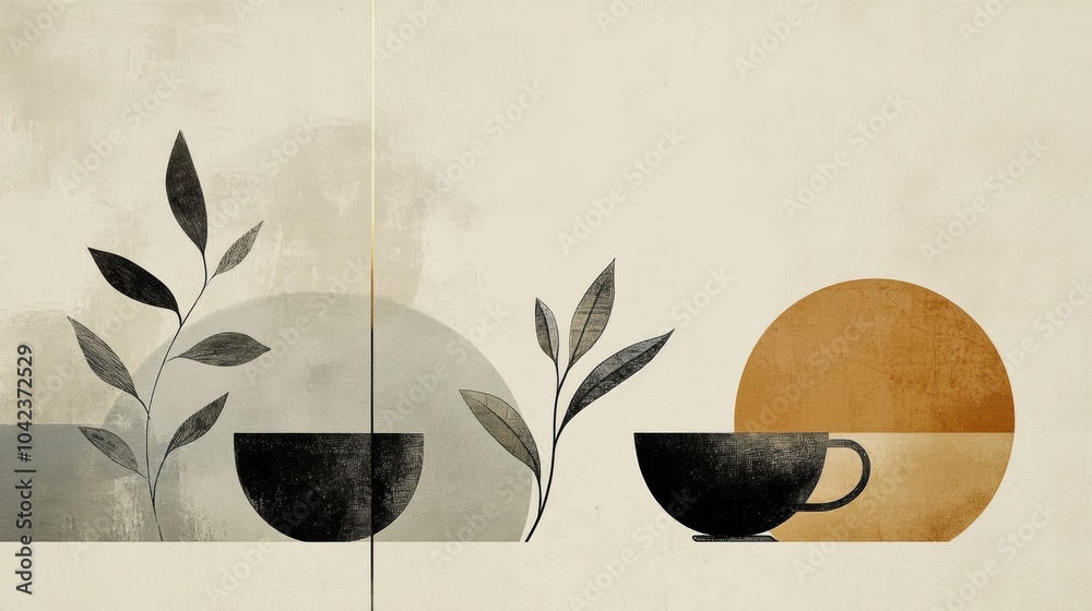 Poster a serene composition showcases artistic lines symbolizing tea leaves and cups, reflecting a calm and