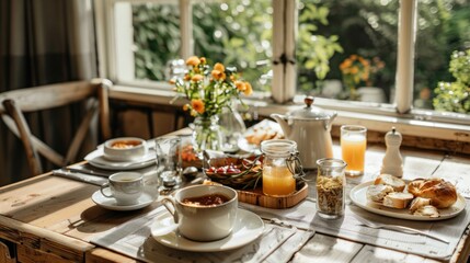 Fototapeta premium Cozy breakfast table set against a window with garden views, featuring fresh juice, pastries, and a sunny ambiance.