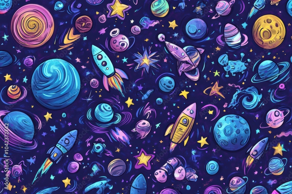 Poster dive into a whimsical cosmic universe adorned with playful doodles of planets, rockets, asteroids, a