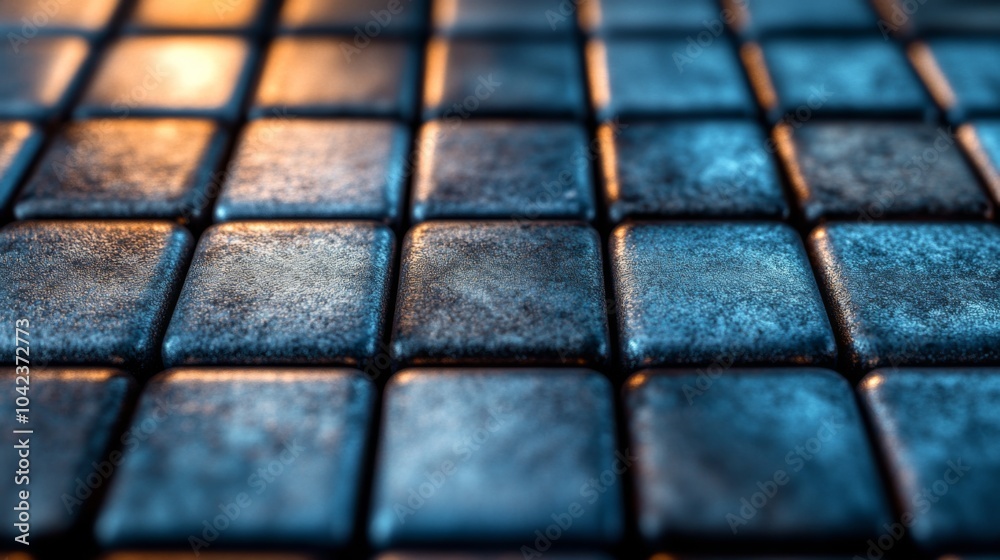 Aufkleber The surface consists of square tiles arranged in a grid pattern, featuring a blend of blue and gray hues, softly illuminated to enhance texture and depth.