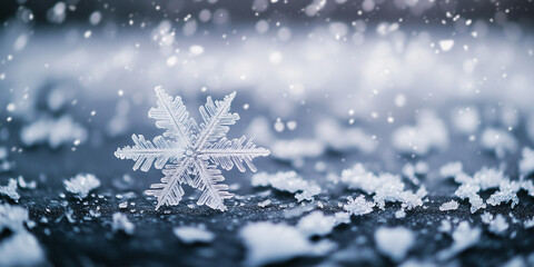 Abstract macro photo with closeup view of a large snowflake in natural background, festive winter holiday background. 