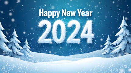 Snowy numbers 2024 on blue background with falling snowflakes. Snow covered numbers.