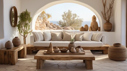 Obraz premium Rustic sofa, coffee table, and white stucco walls create a cozy Mediterranean feel in a modern living room.