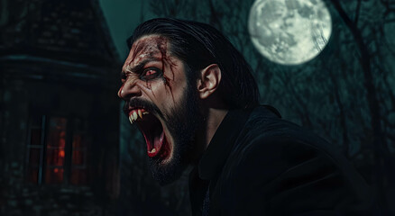Fototapeta premium A male vampire with grinning fangs, screaming, red eyes and sharp teeth, standing outside his mansion, against the backdrop of the moon. Halloween concept, Vampire.