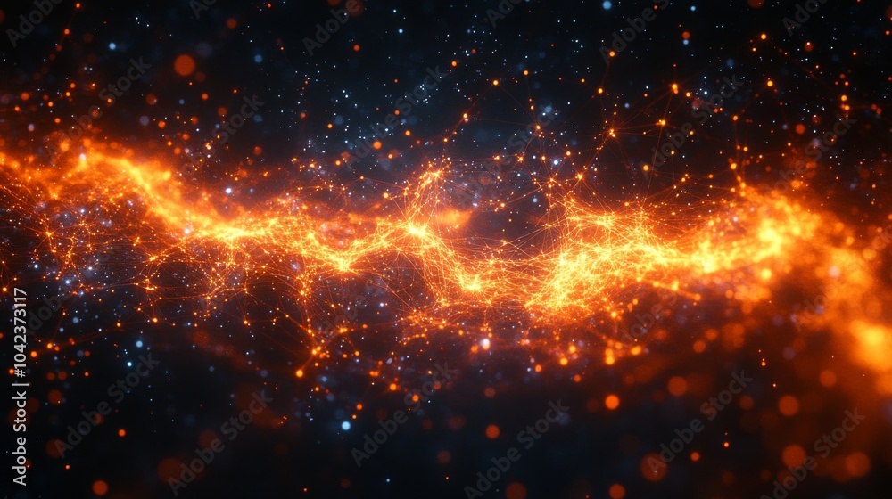 Poster bright orange light trails weave through a starry background, creating an abstract visual of energy 