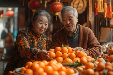 Elderly couple shopping for tangerines at the market, getting ready for lunar new year festivities