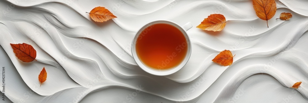 Poster A tea cup filled with warm beverage sits surrounded by soft, flowing waves and scattered autumn leaves, creating a tranquil ambiance. Generative AI