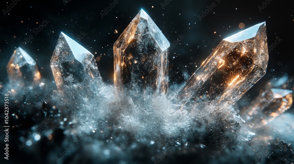 Poster a cluster of clear crystal formations emerges from a misty surface, reflecting light and showcasing 
