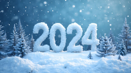 Snowy numbers 2024 on blue background with falling snowflakes. Snow covered numbers.