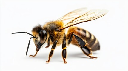 A close-up of a honey bee with its wings spread, isolated on a white background.