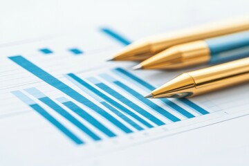A close-up of three gold-tipped pens resting on a financial report featuring blue bar graphs, symbolizing analysis and decision-making in business.
