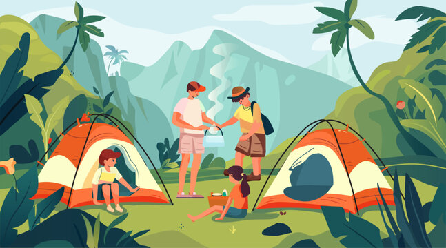 Family camping trip outdoor adventure nature Two tents in a lush green forest with mountains in the background people cooking and relaxing vibrant colors