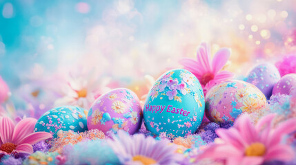 Fototapeta premium Colorful Easter eggs surrounded by vibrant flowers create a joyful springtime atmosphere for a happy Easter celebration