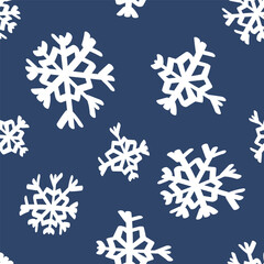Vector illustration. Christmas and New Year seamless pattern. Snowflakes and flakes, falling snow. Scandinavian ornament. Abstract wallpaper. Snow pattern for advertising and typographic products.