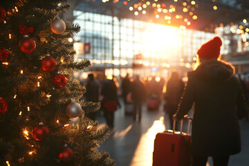 Woman at the airport, pulling her luggage for a christmas holiday journey, in a bustling terminal with festive lights and a warm sunset glow