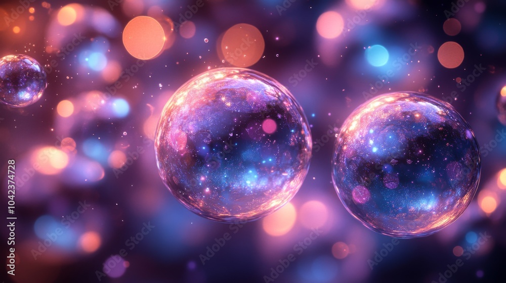 Poster The composition features vibrant, colorful bubbles that appear to float amidst a backdrop of glowing particles, evoking a sense of wonder and fantasy in a cosmic setting.