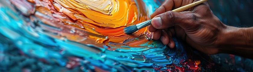 Fototapeta premium Artist painting on canvas, vibrant colors, creative process, studio shot, detailed