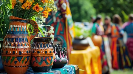 Colorful ceramic pottery and floral arrangements at outdoor kwanzaa market celebration of african heritage
