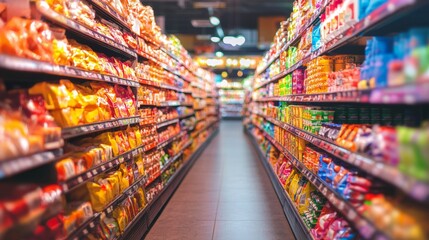 Fototapeta premium Colorful supermarket aisle with products on shelves