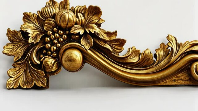A close-up of a golden, ornate frame with intricate floral designs and a cluster of grapes, possibly part of a larger piece of furniture or decor