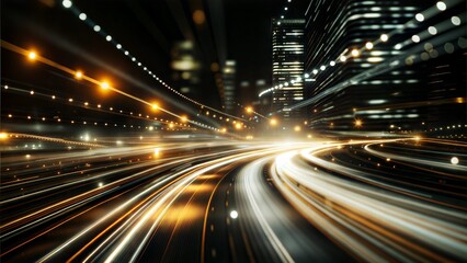 Obraz premium Dynamic light trails on a busy city street at night, low angle view