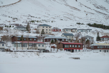 Naklejka premium Old buildings in town of Siglufjordur in Iceland