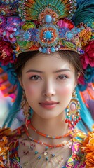 Cultural street festival, vibrant colors, traditional attire, dynamic scenes, inviting