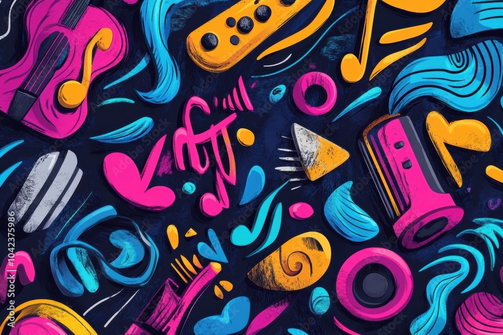 Poster a vibrant collection of music-themed doodles showcases instruments, notes, headphones, and sound wav