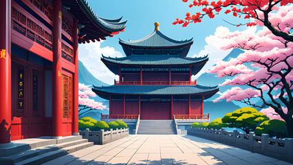 illustration of the beautiful park in japan futuristic imagination