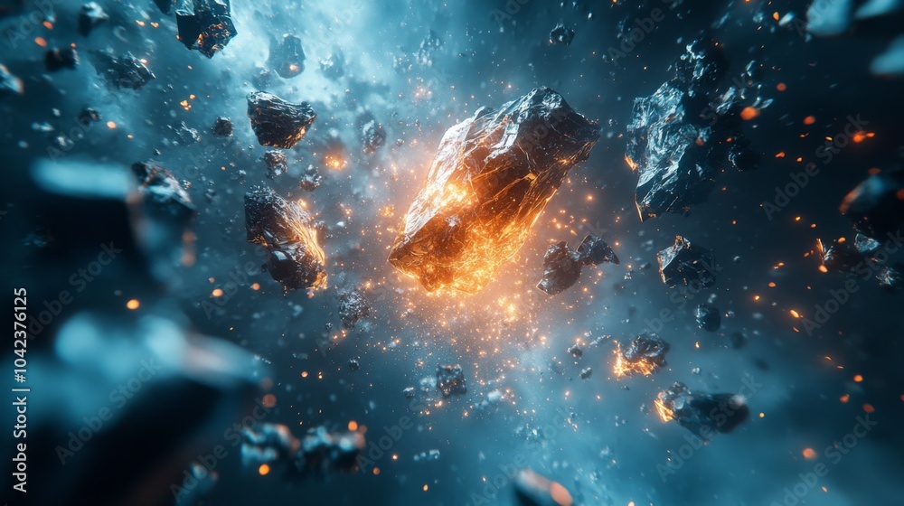 Fototapete a spectacular display of rocky debris floating in outer space is enhanced by bright, glowing embers,