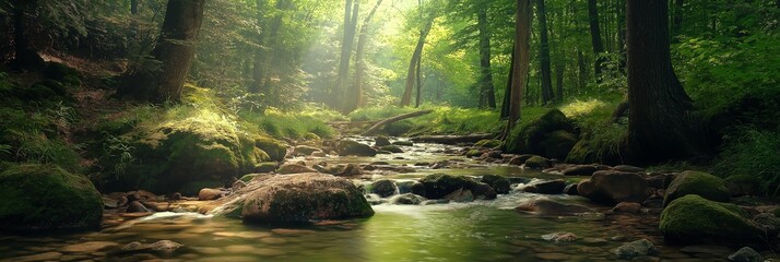 Sunlight pours through the dense greenery, illuminating a tranquil creek that winds quietly through a vibrant forest.