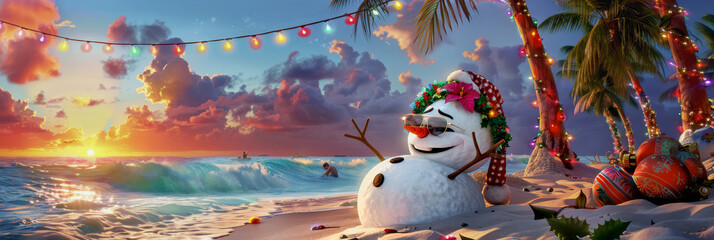 A festive snowman in sunglasses enjoys a tropical beach setting at sunset surrounded by palm trees