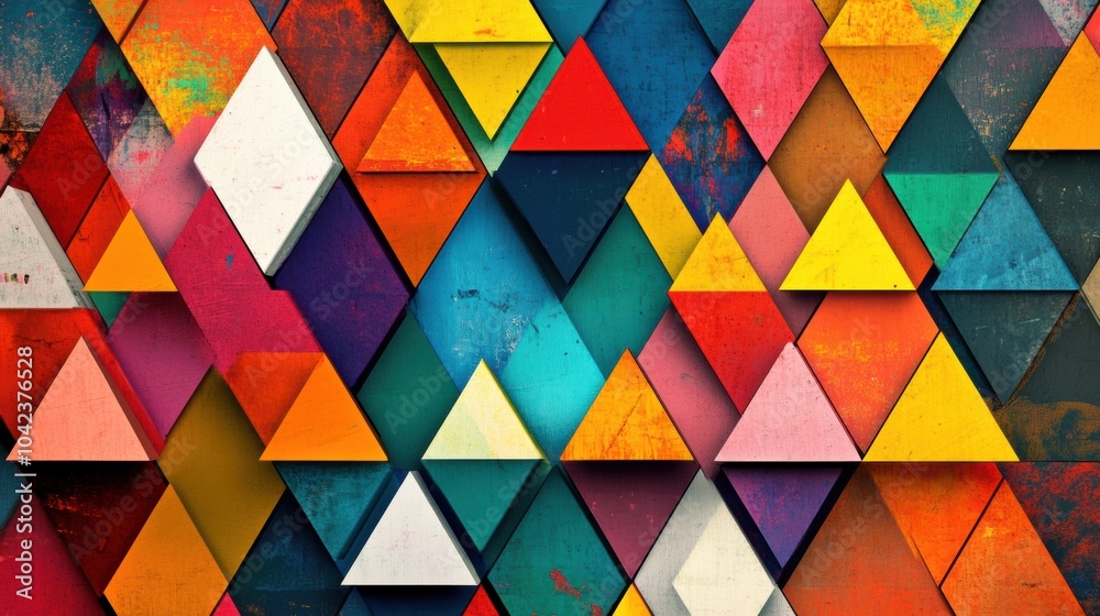 Poster A vivid display of interconnected triangular shapes in various colors creating a striking geometric abstraction with rich textures. Generative AI