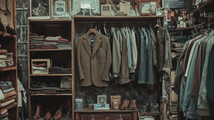 Naklejka premium Vintage clothing and accessories displayed in a shop