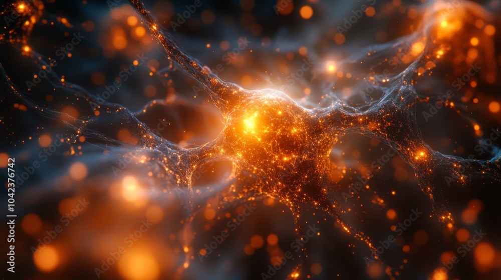 Poster This depiction reveals the complexity of a neural network, with glowing orange connections illuminating the intricate web of neurons, illustrating active communication.