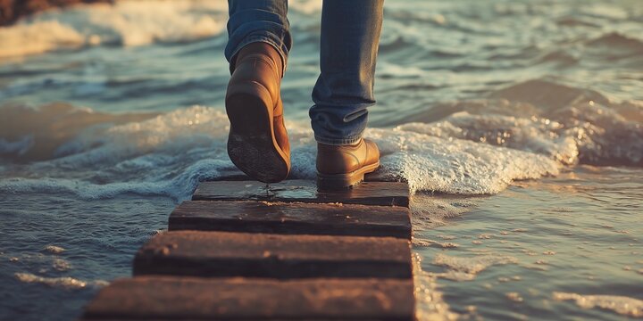 Steps on a wooden path above sea waves, symbolizing journey, progress, and stepping into the unknown adventure.