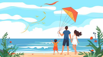 Family beach kite flying scene summer vacation. Parents and child enjoying time by the sea with a colorful kite under a bright sky. Website banner design