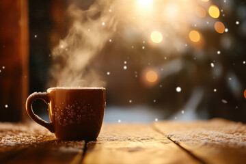 Fototapeta premium Steamy hot chocolate in rustic winter cabin setting creates cozy atmosphere. warm drink contrasts beautifully with snowy backdrop, evoking feelings of comfort and joy