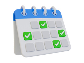 3D illustration of calendar with green check marks on several days, symbolizing completed tasks, scheduling, or event planning.