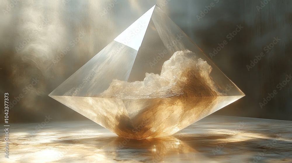 Poster This artwork features a transparent pyramid filled with a soft, fluffy formation that resembles a cloud, illuminated warmly from within. The background adds a mystical ambiance.